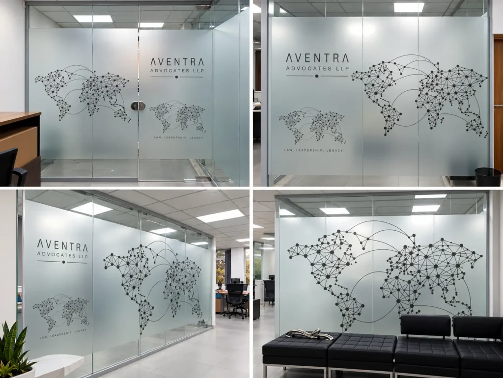 Rendered frosted glass office partitions with the Aventra Advocates LLP logo and a world-network graphic