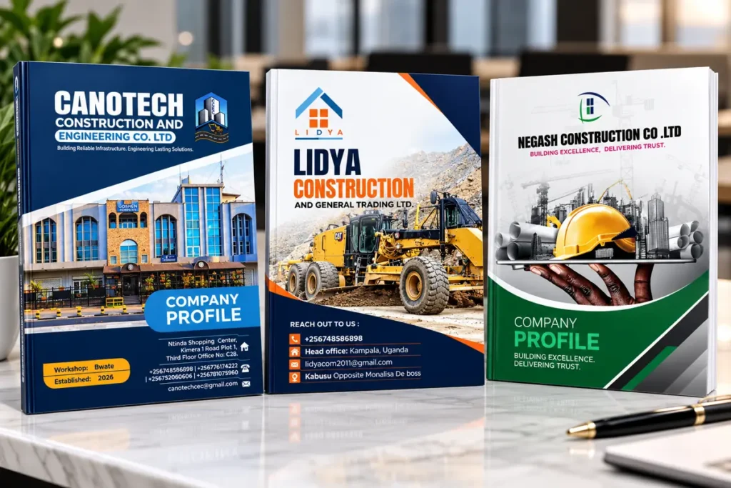 Rendered company profile covers for Canotech, Lidya and Negash construction companies