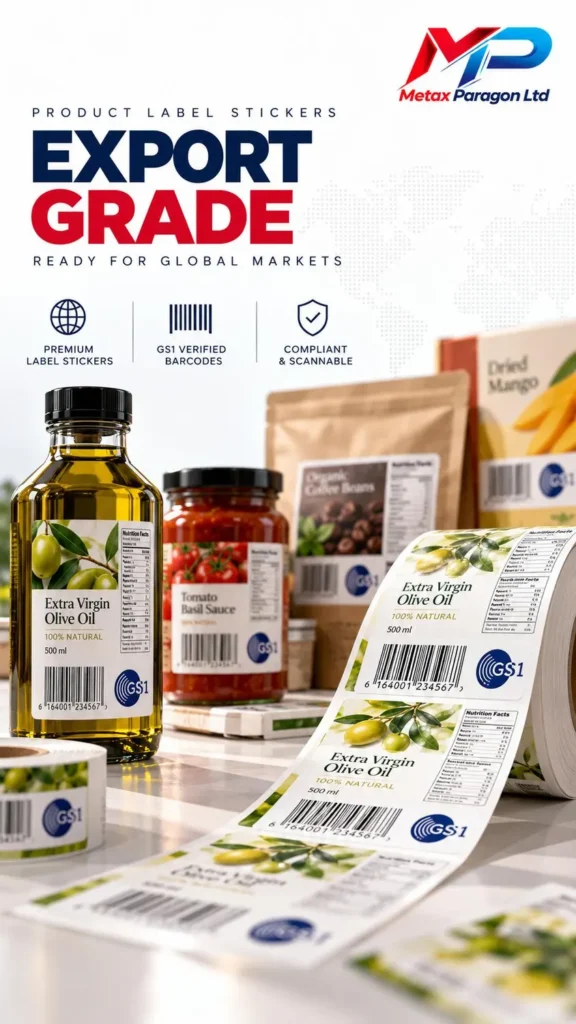 Rendered export-grade product label stickers beside bottles and jars