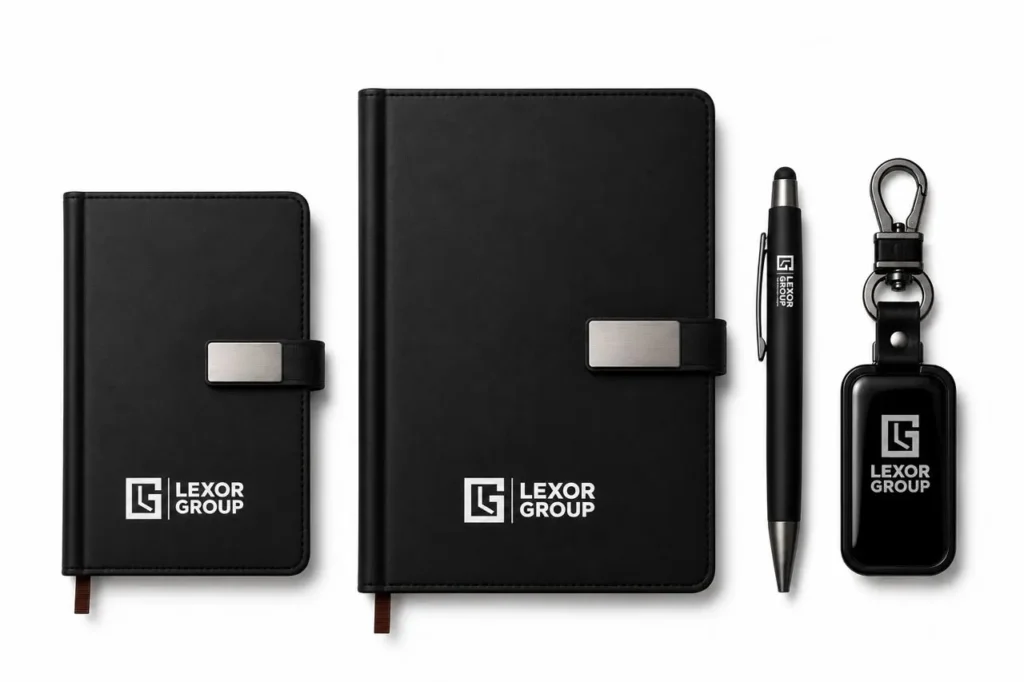 Rendered black Lexor Group notebooks, pen and key holder