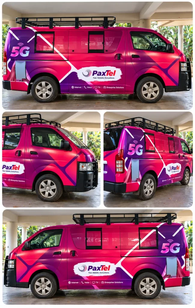 Rendered PaxTel van wrap shown from four angles