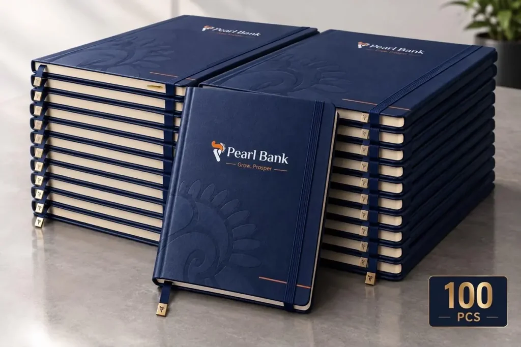Rendered navy Pearl Bank notebooks in a stack