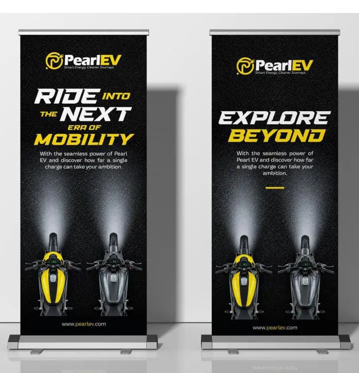 Rendered PearlEV roll-up banners with motorbike artwork