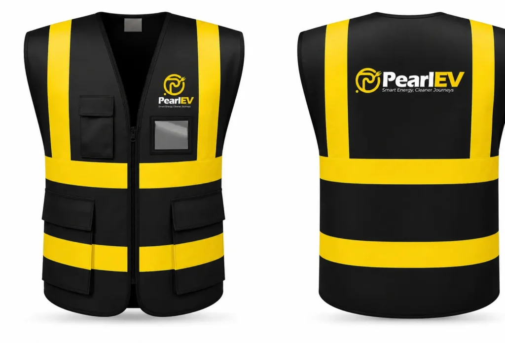Rendered black and yellow PearlEV hi-vis safety vests