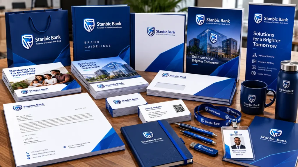Rendered corporate stationery set: cards, letterheads, folders, notebooks and bags