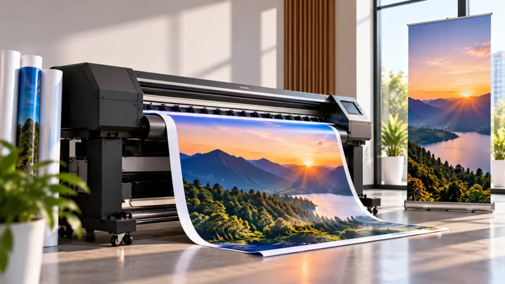 Graphic of a wide-format printer producing a landscape print beside a roll-up banner