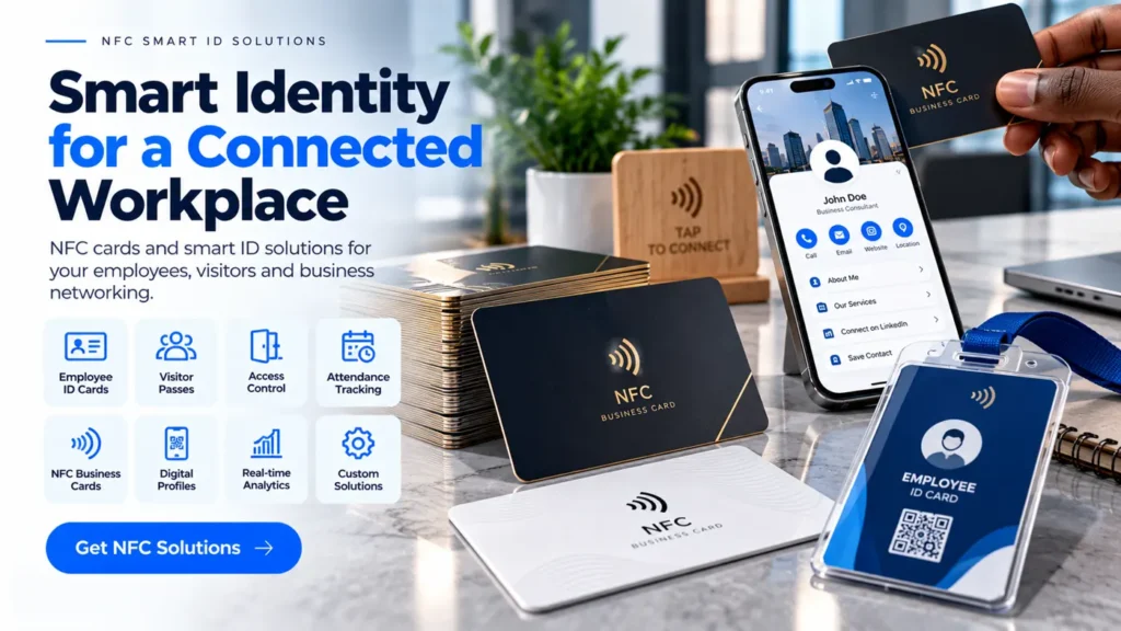 Graphic showing NFC business cards, a phone profile and an employee ID card