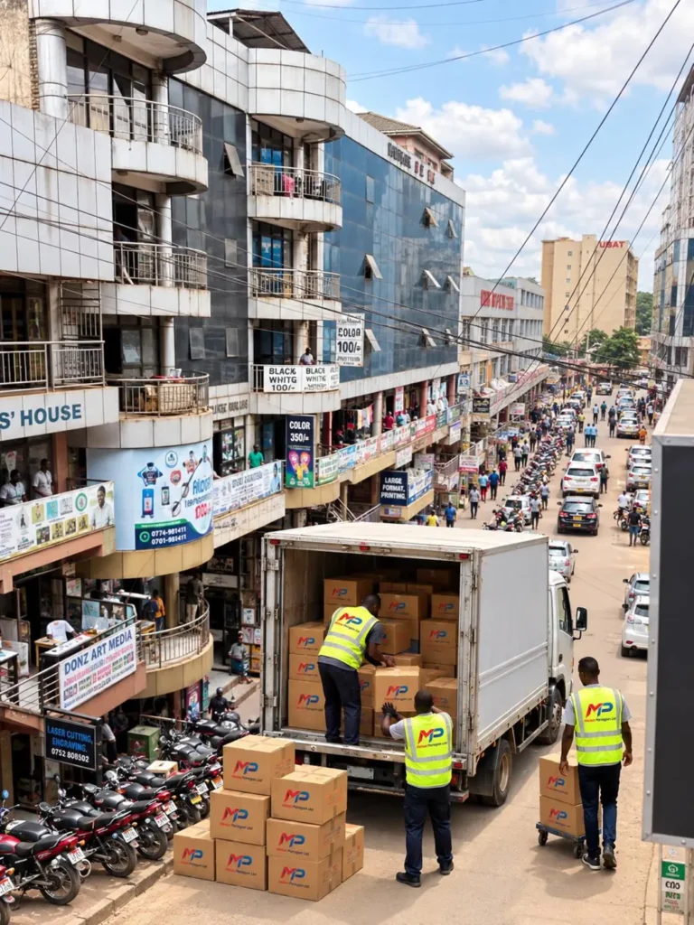 Rendered Kampala street scene with Metax Paragon boxes being unloaded