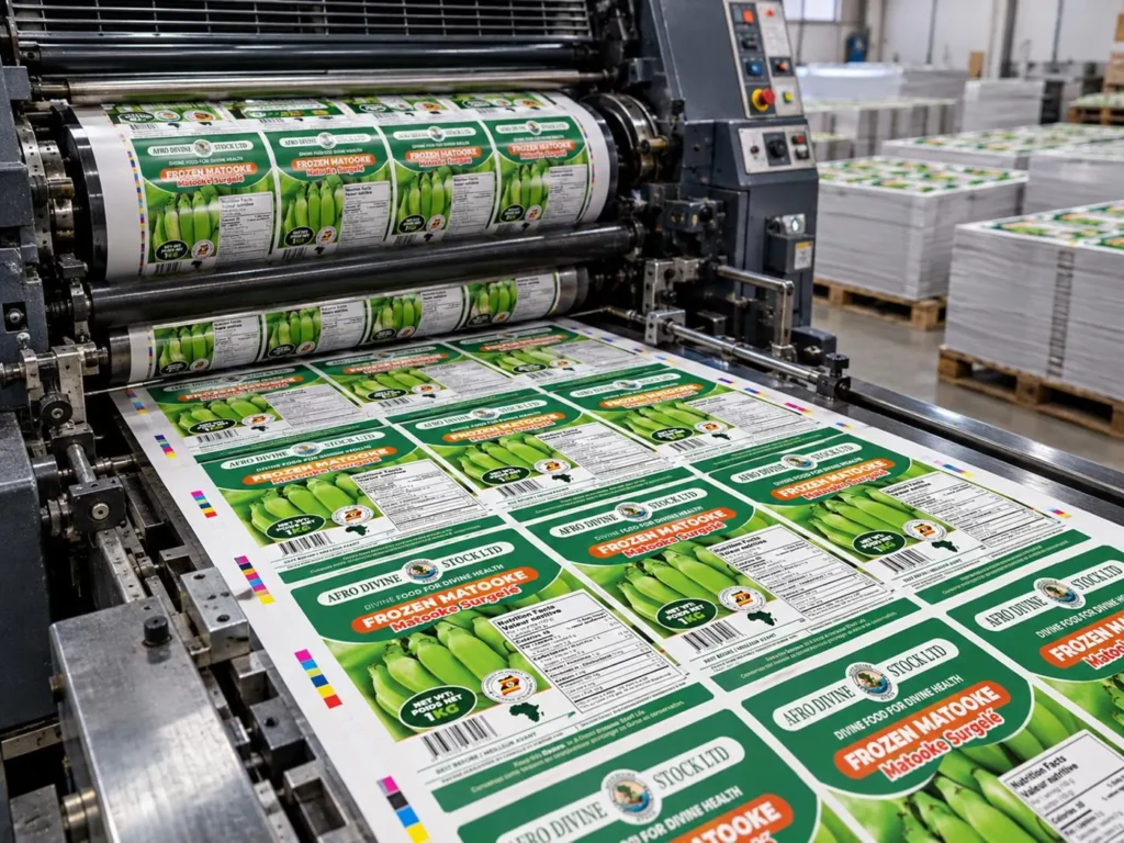 Rendered label press printing frozen matooke labels