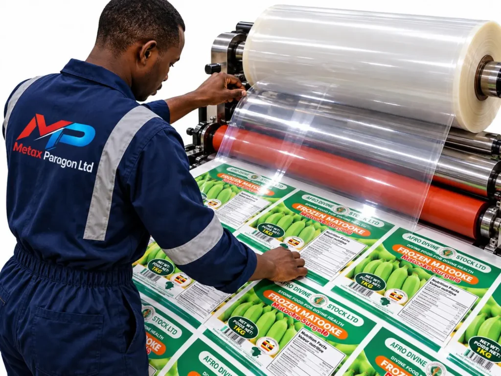 Rendered operator laminating printed matooke labels