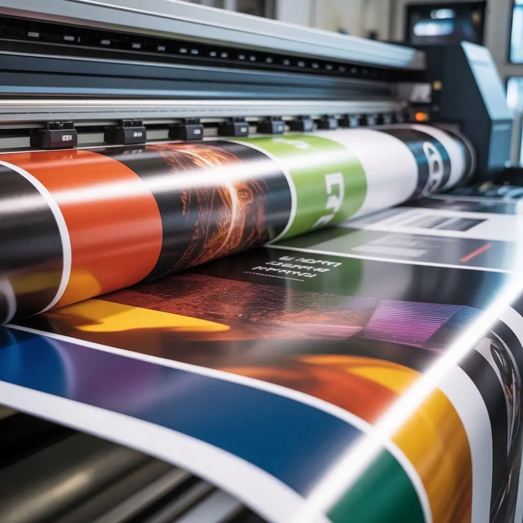 Large-format printer producing colour prints on a roll