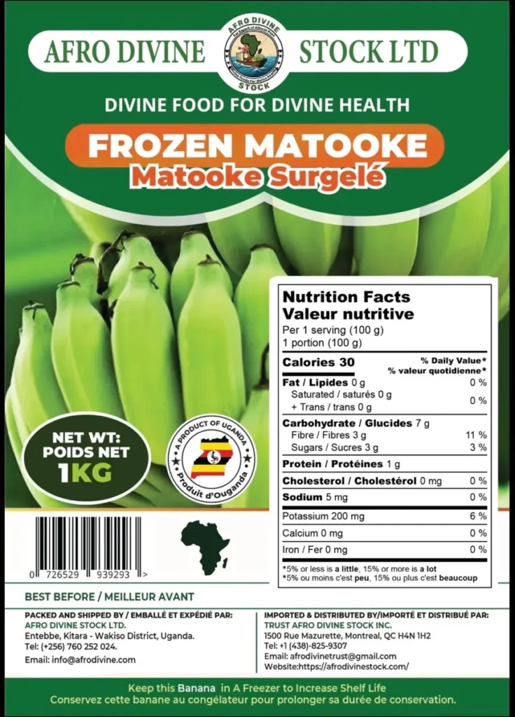 Frozen matooke product label with nutrition facts and barcode