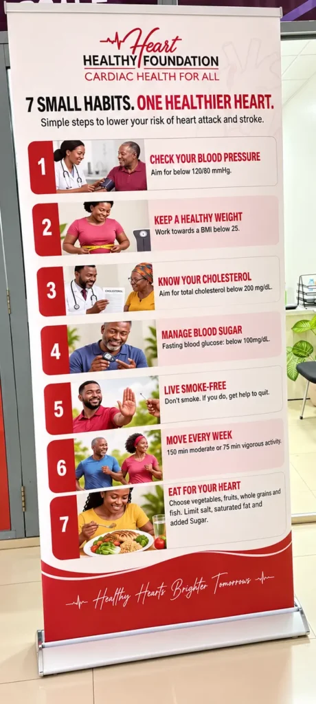 Roll-up banner for Healthy Heart Foundation listing seven habits for a healthier heart