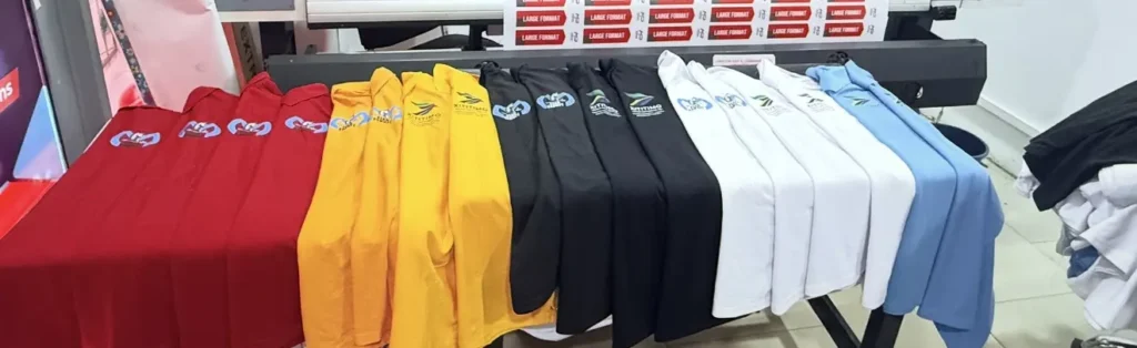 Polo shirts in red, yellow, black, white and blue with printed chest logos